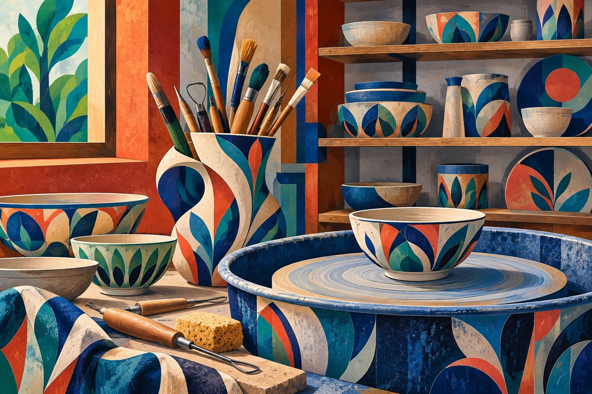 Decorative artwork of ceramics and pottery tools.