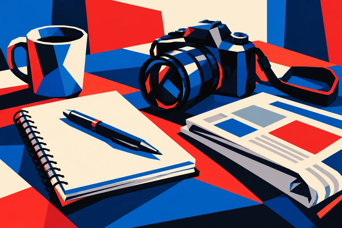 A camera and notebook in a geometric illustration.